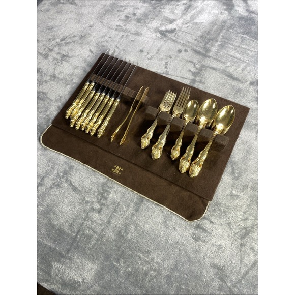 Vintage RETRONEU STEPHANIE Gold Accent Stainless Japan Flatware 48 Piece RARE - Picture 4 of 16